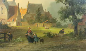 Bartholomeus Johannes van Hove - Olieverf op paneel, Figuren tegen achtergrond van de stad Den Bosch - Ingelijst kopen? Bied vanaf 1500!