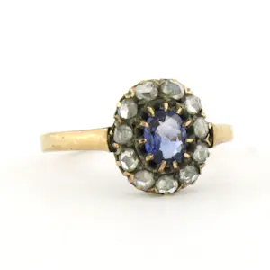 14k gouden ring met saffier en roos geslepen diamant 0.20 ct ringmaat 15.75(49) kopen? Bied vanaf 285!