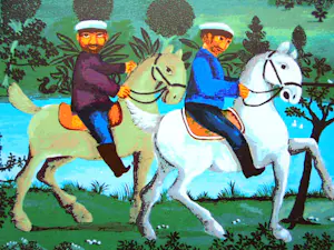 Gorki Bollar - Romantisch uitje langs het water. Naïeve kunst. Prachtig van kleur. kopen? Bied vanaf 125!