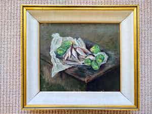 Niet of onleesbaar gesigneerd - Stilleven met sardines en spruitjes verkocht voor € 1!