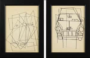 Siep van den Berg - Lot van twee pentekeningen, (Auto) Portret - Ingelijst verkocht voor € 80!