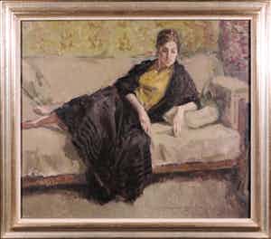 Hessel de Boer - Olieverf op doek, Vrouw op een sofa - Ingelijst verkocht voor € 900!