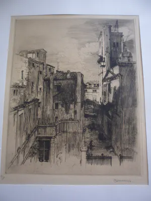 Armand Coussens - Gezicht op een stad in het Zuiden. Ets en droge naald kopen? Bied vanaf 10!