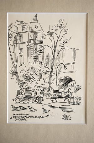 Han Krug - Parijs - Place Denfert-Rochereau - inkttekening - mooie lijst kopen? Bied vanaf 40!