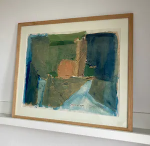 Gjalt Walstra - Uniek werk in gemengde techniek (inkt & collage), Abstract landschap met zon kopen? Bied vanaf 50!