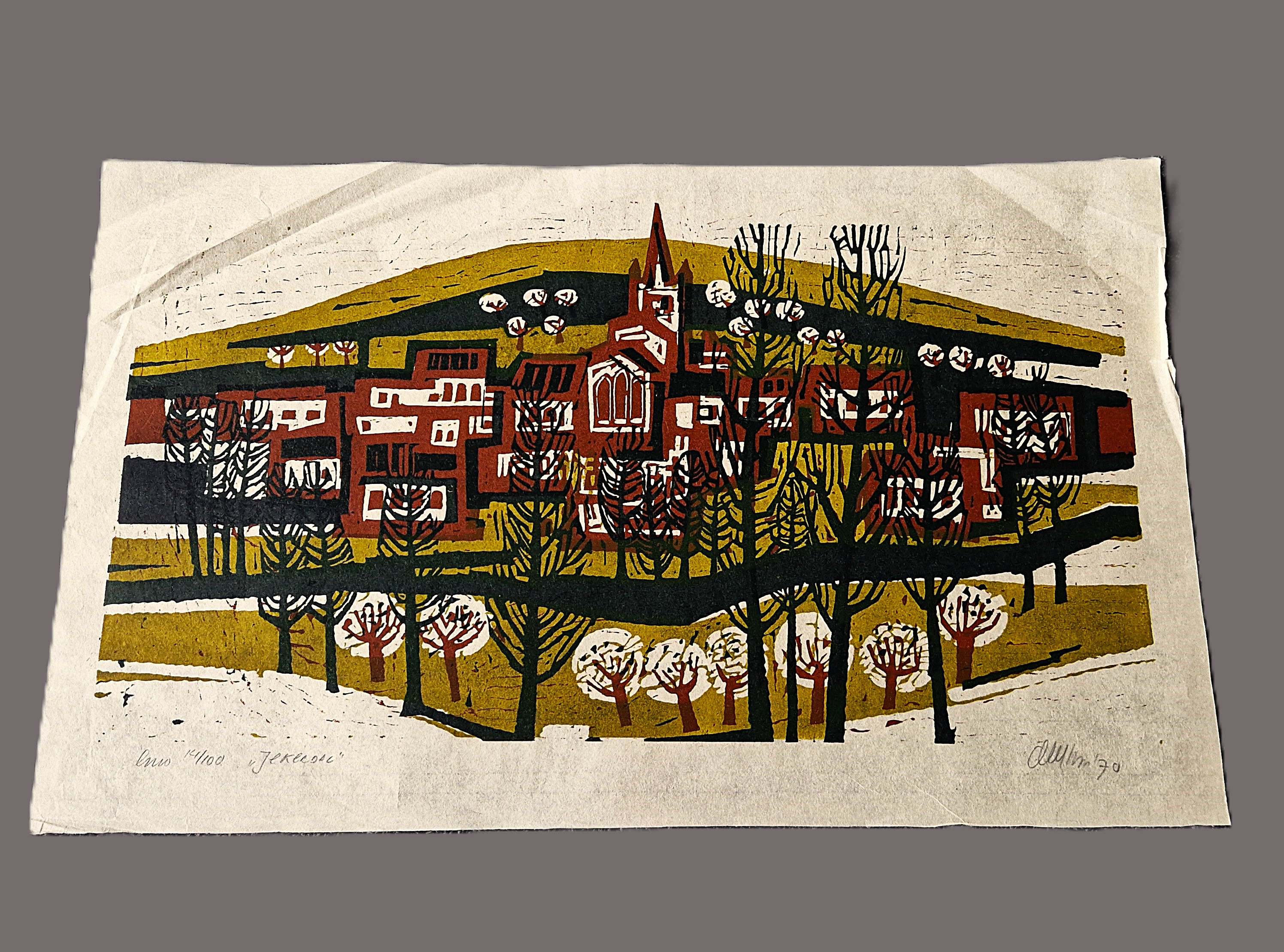 Akke Sins - grote 1970 kleuren linosnede "Jekerdal" oplage (100) - potloodgesigneerd kopen? Bied vanaf 47!