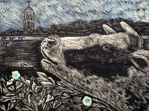Arja van den Berg - linosnede - 'Koe in landschap' - 1992 verkocht voor € 80!