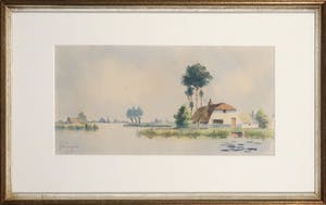 Marius de Jongere - Aquarel, Riviergezicht met boerderij - Ingelijst kopen? Bied vanaf 50!