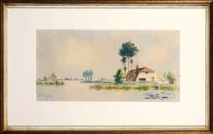 Marius de Jongere - Aquarel, Riviergezicht met boerderij - Ingelijst verkocht voor € 50!