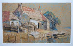 Gerbrand Frederik van Schagen - Boerderijen en praam - Mooi ingelijste kleurkrijttekening verkocht voor € 75!