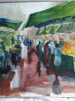 Niet of onleesbaar gesigneerd - Acrylverf en collage , De markt op een regenachtige dag – ingelijst - Groot kopen? Bied vanaf 1!