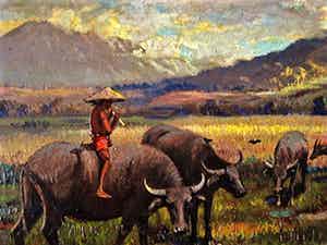 Niet of onleesbaar gesigneerd - Gesigneerd Indonesie Java Bogor "Herdersjongen op Karbauw" landschap olieverf verkocht voor € 10!