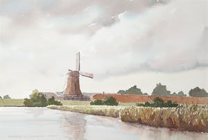 Ger Zaagsma - Aquarel, Papiermolen 'De Schoolmeester' Westzaan - Ingelijst kopen? Bied vanaf 35!