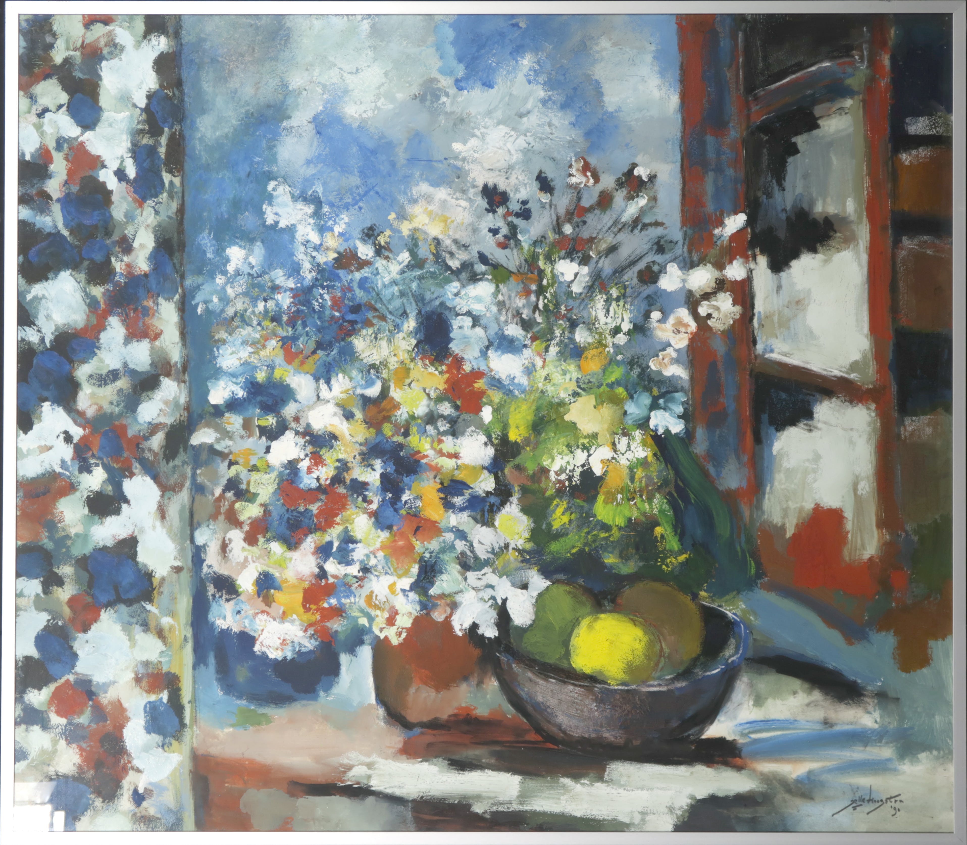 Jelle Hoogstra - Gouache op papier, Fruitschaal met bloemen - Ingelijst verkocht voor € 70!