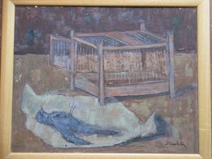 Jan Linschooten - Dood vogeltje naast open kooi - Olieverf op board kopen? Bied vanaf 90!