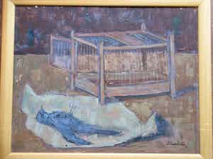 Jan Linschooten - Dood vogeltje naast open kooi - Olieverf op board verkocht voor € 90!