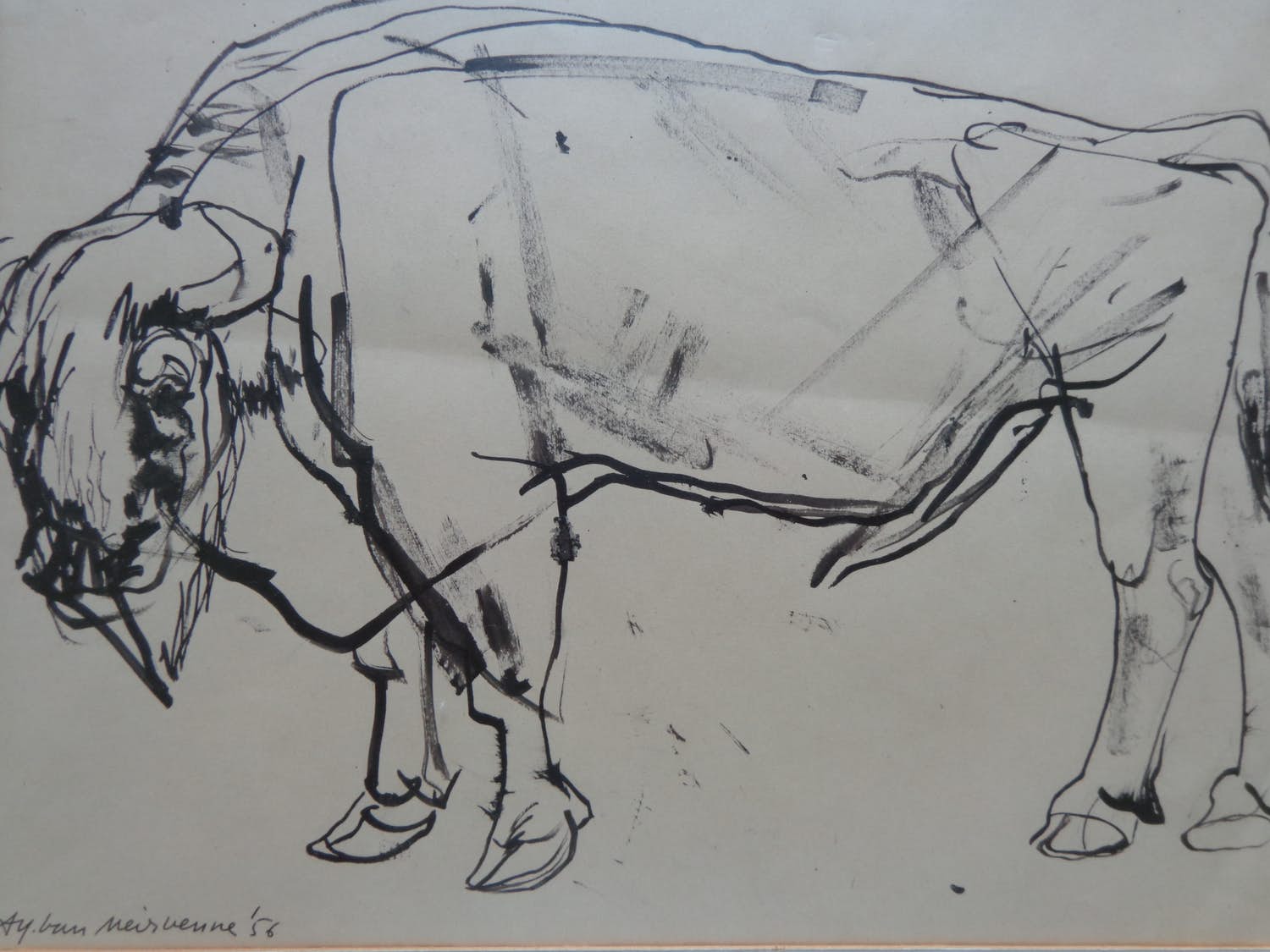 Alfons Van Meirvenne - BIZON / ORIGINEEL WERK / 63x48cm / KADER / SIG / 1956 verkocht voor € 35!