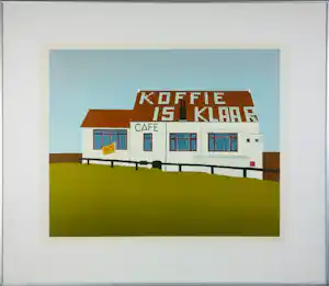 John Wouda - Zeefdruk op papier, Koffie is klaar - Ingelijst verkocht voor € 35!