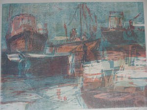 Jan Velthuis - Kleurenhoutsnede – Havengezicht - Ingelijst - 66 x 51 cm kopen? Bied vanaf 35!
