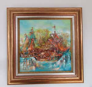 Niet of onleesbaar gesigneerd - Abstract Havengezicht van de Roemeense kunstenaar Gheorge Vlad Botan verkocht voor € 1!