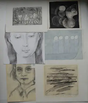 AcheterNiet of onleesbaar gesigneerd - 6 diverse kunstwerken. tekening, aquarel, ets.? Enchérissez de 1!