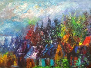 Jan Makkes - Gigantisch werk, uitzicht op dorpslandschap 105x145cm kopen? Bied vanaf 595!