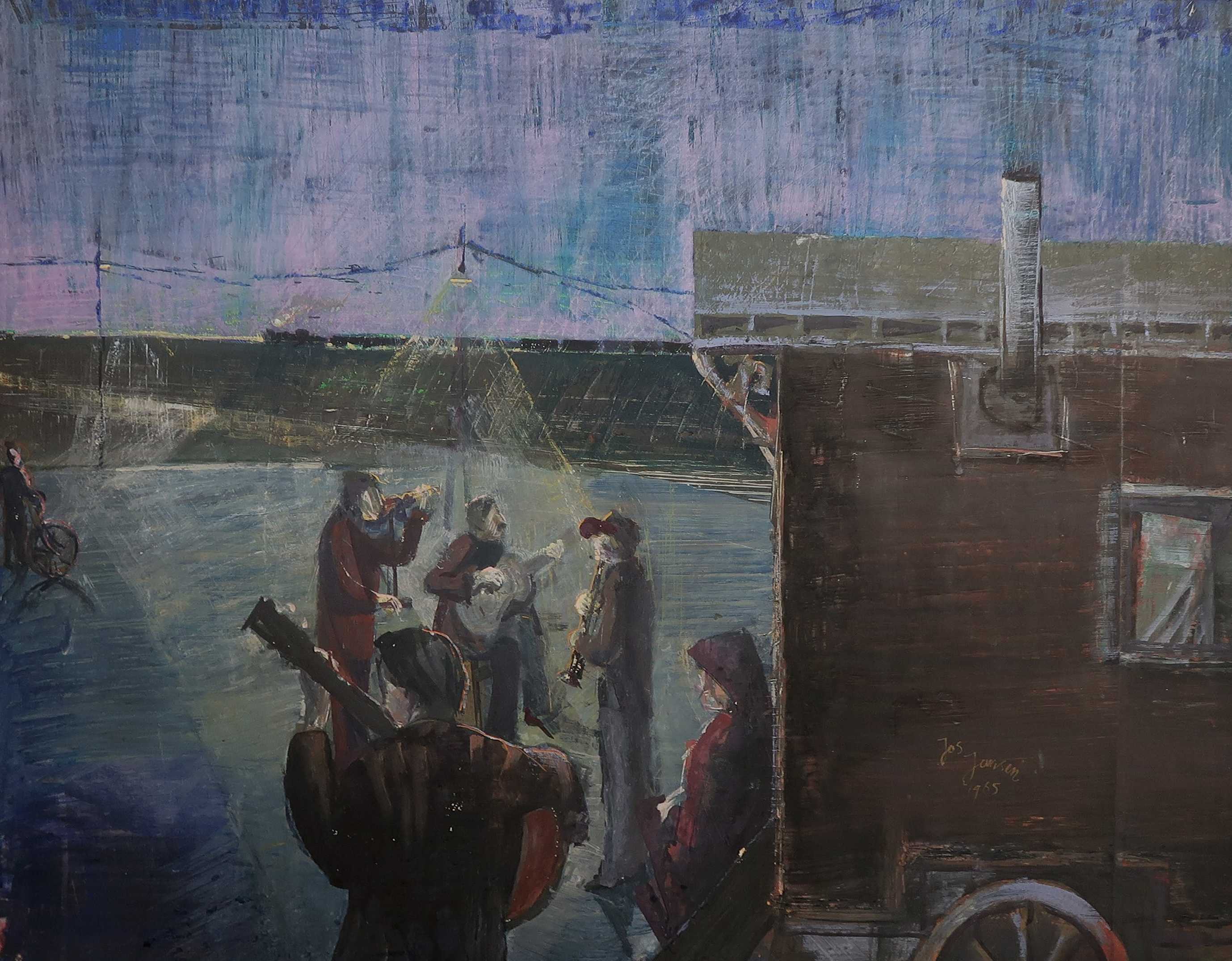 Jos Jansen - Acryl op papier, Muzikanten verkocht voor € 35!