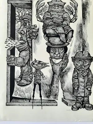 Lou Strik - 2 Houtsnede, Short People gesigneerd, dorpsgezicht druk gesigneerd. kopen? Bied vanaf 40!