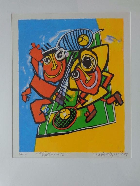 Ad Verstijnen - TOPTENNIS / KLEURLITHO / 83x63cm / KADER / SIG / 1989 kopen? Bied vanaf 55!