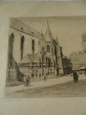 Waalko Jans Dingemans (sr.) - Ets. Een stadsplein in Zwolle met boerensjees . kopen? Bied vanaf 30!