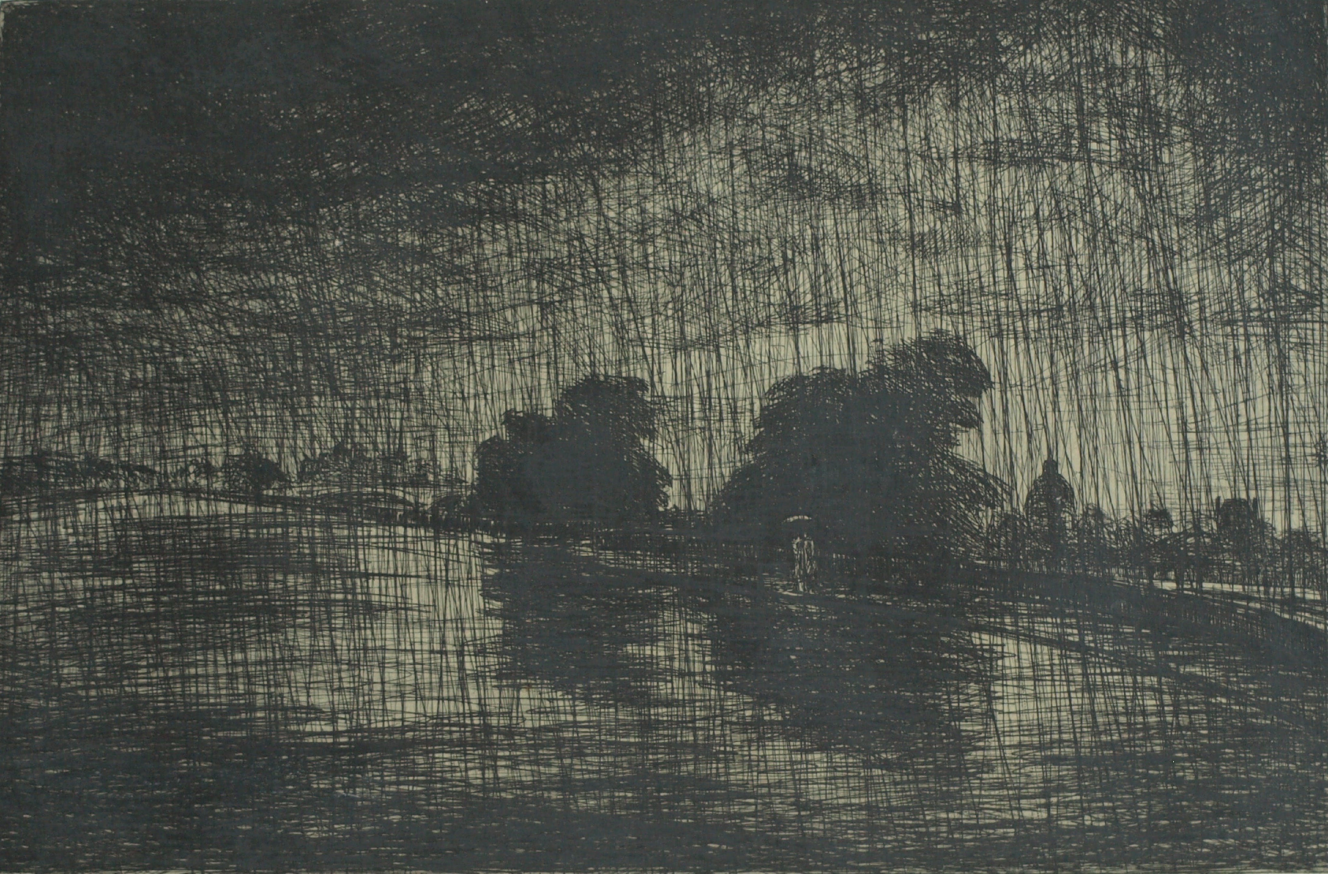 Niet of onleesbaar gesigneerd - Gesigneerde ets – Landschap in de regen – ingelijst – 1948 kopen? Bied vanaf 1!