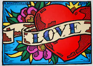 Henk Schiffmacher - - L o v e - - zeefdruk in nieuwstaat - - ingelijst - - verkauft für € 75!