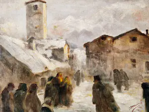 Joseph Jacinto Mora - bekende Amerikaanse kunstschilder - winters dorpsgezicht - gesigneerd kopen? Bied vanaf 172!