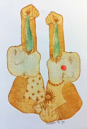 Jan Campfens - Haring happende skinheads, aquatint ets verkocht voor € 35!