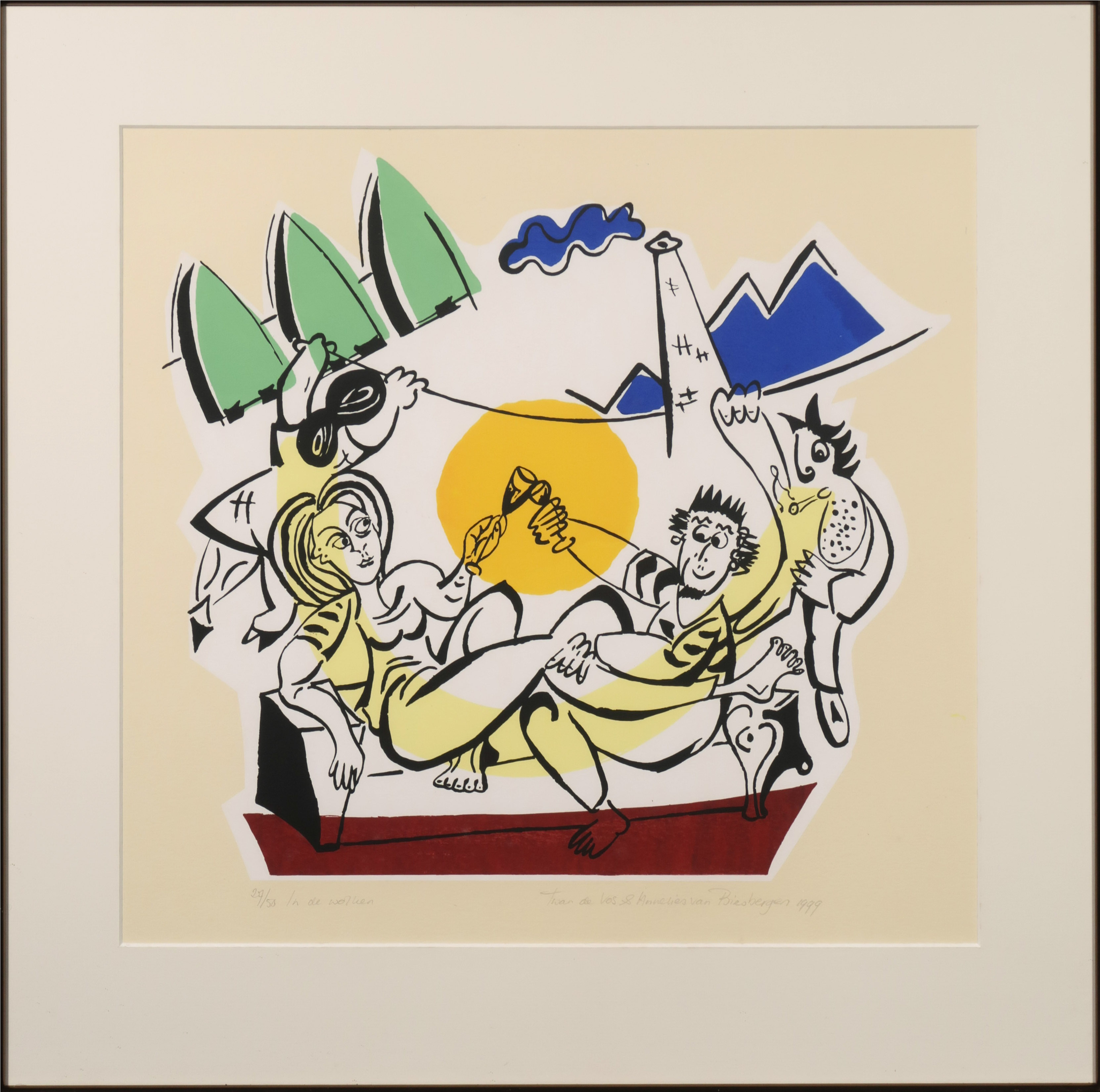 Twan de Vos - Twan de Vos en Annelies van Biesbergen - Zeefdruk, In de wolken verkocht voor € 35!