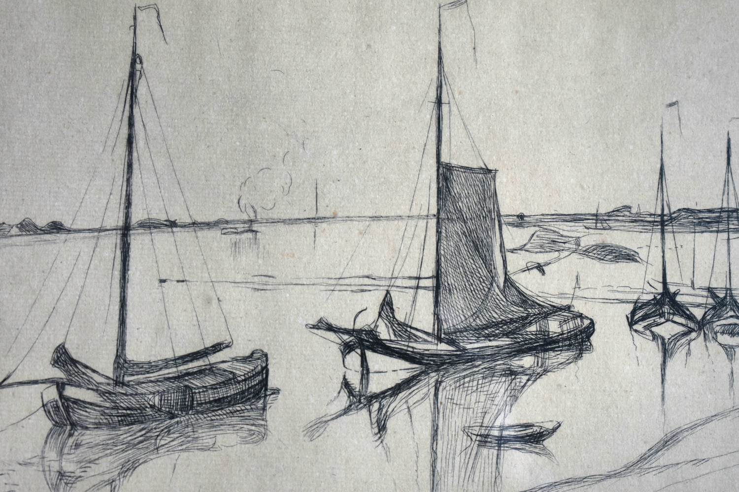 Antoon Derkzen van Angeren - Schepen aangemeerd achter de duinen. kopen? Bied vanaf 50!