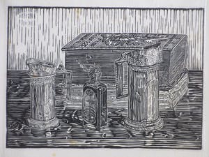 Hendricus Petrus Bremmer - Kroezen en boeken op tafel - Houtsnede kopen? Bied vanaf 1!