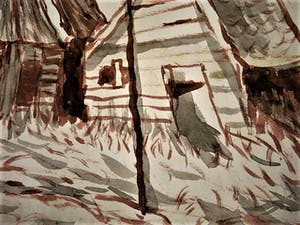 Aat Veldhoen - Groot, omstreeks 1960 geschilderde figuratieve Gouache "Landschap met huizen" kopen? Bied vanaf 25!