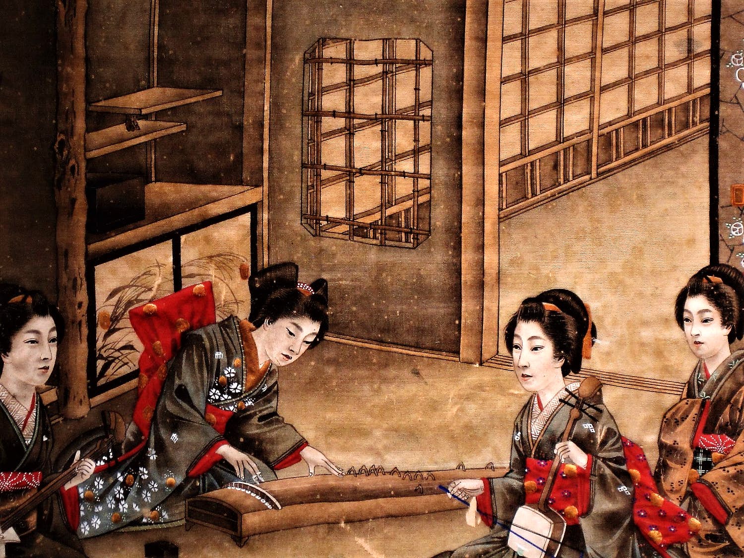 Niet of onleesbaar gesigneerd - Japan omstreeks 1930 - Fraaie verf op zijde "Geisha's maken muziek" kopen? Bied vanaf 1!