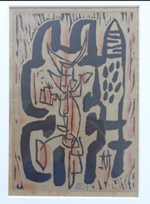 Anton Rooskens - COBRA-ABSTRACTIE / ZW-W LINOSNEDE + POTLOOD / 49x38cm / KADER / SIG / 1954 kopen? Bied vanaf 265!