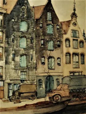 Jan den Hengst - Mooie ca 1950 geschilderde verstilde Aquarel "Amsterdam boot aan gracht" kopen? Bied vanaf 38!
