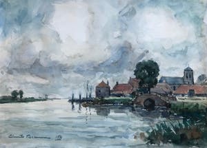 Clement Bezemer - zicht op onbekend plaatsje met dorp aan rivier kopen? Bied vanaf 25!