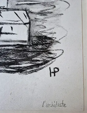 Hannes Postma - Grote in 2009 gemaakte houtskool tekening "l'Architecte" netjes ingelijst kopen? Bied vanaf 58!