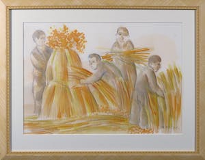 Marcel Cockx - Aquarel op papier, Mannen met strobalen - Ingelijst kopen? Bied vanaf 1!