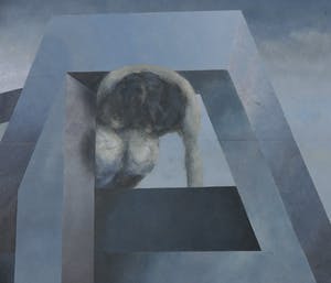 Piet van Mook - Gouache, Z.T. Figuren in geometrisch-illusionistische compositie - Ingelijst kopen? Bied vanaf 1!