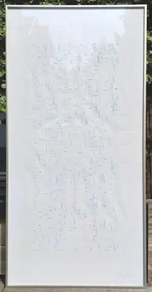 Helene Briels - Geometrisch abstract, geverfd textiel achter bewerkt glas (netjes ingelijst) kopen? Bied vanaf 1!