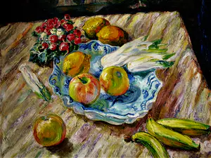 Nico Baak - GROOT In 1930 geschilderd olieverf "stilleven met radijs, appel en bananen" kopen? Bied vanaf 34!