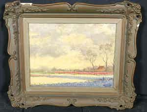 Jan Dekker - Olieverf op Hardboard, Bollenvelden, Ingelijst verkocht voor € 1!