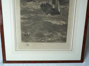 Hendrik Willem Mesdag - & C.L. Dake : Grote ingelijste ets , Vissersboten bij Scheveningen – 1879 kopen? Bied vanaf 1!