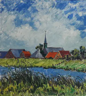 Jan Dekker - Kleurrijk landschap met dorphe aan water kopen? Bied vanaf 75!